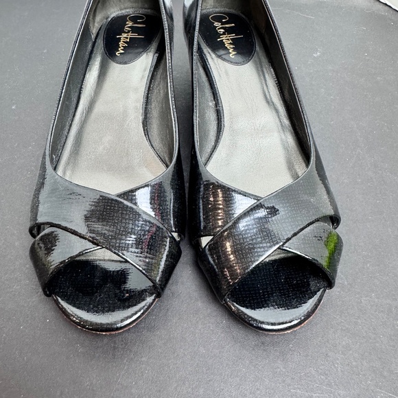 Cole Haan Air Elly Criss-Cross Black Patent Peep-Toe Wedge Shoes, Size 8 - Picture 3 of 9